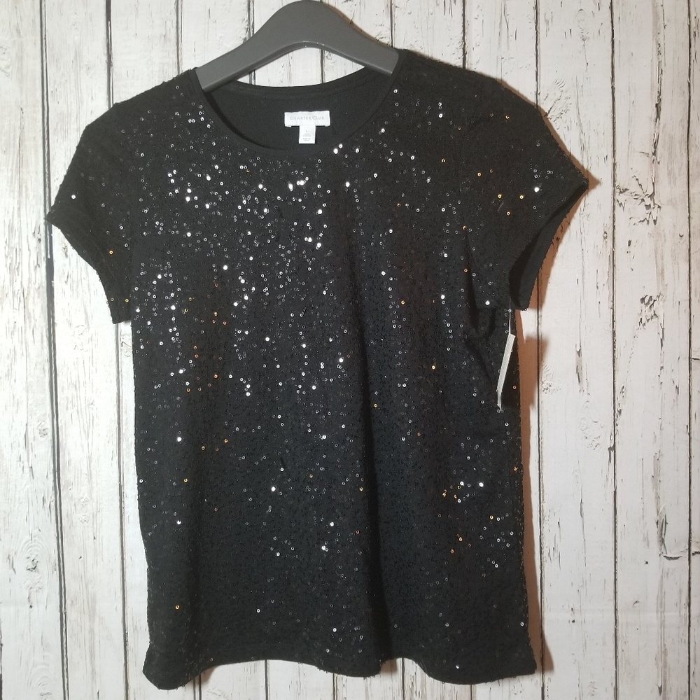 Charter Club Sequined Shirt Top Black Sz 10